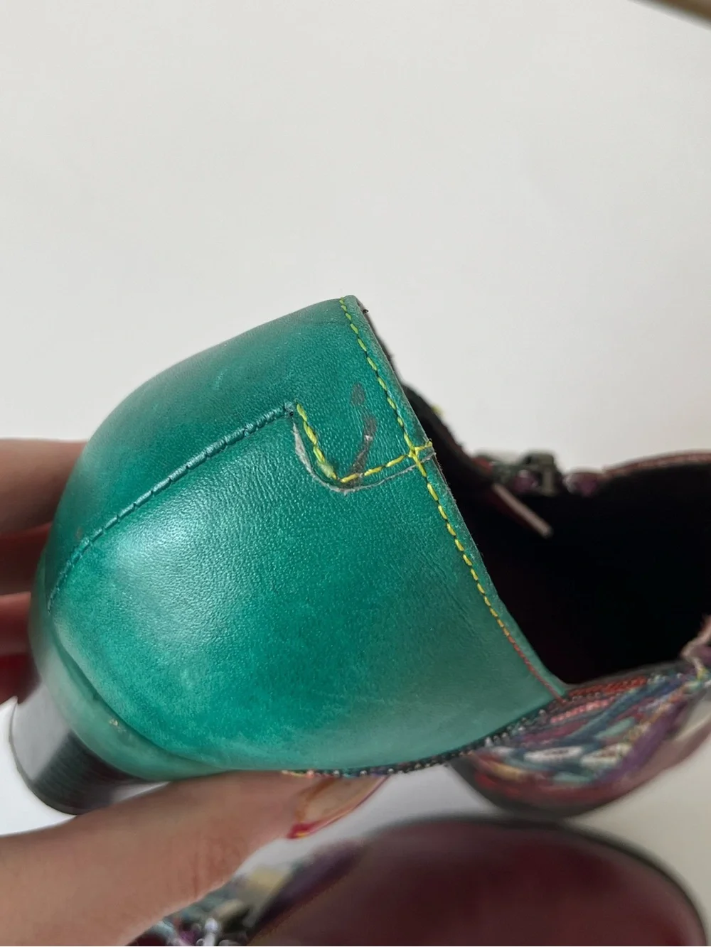 Socofy Boho Eclectic Leather Ankle Boots Booties Burgundy Turquoise Size 39